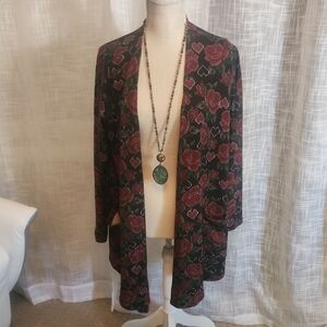 LuLaRoe Medium Rose Print Black Red Open Front Cardi